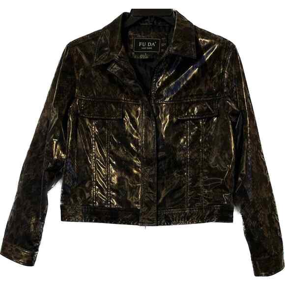 Fu Da Faux Snakeskin Crop Jacket Large Women Pockets Zip RetroGlam 90s Regal - Picture 1 of 16